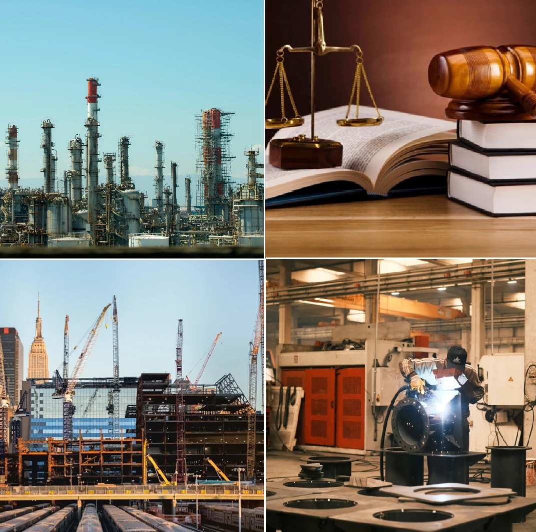 industrial construction, oil and gas, legal and manufacturing